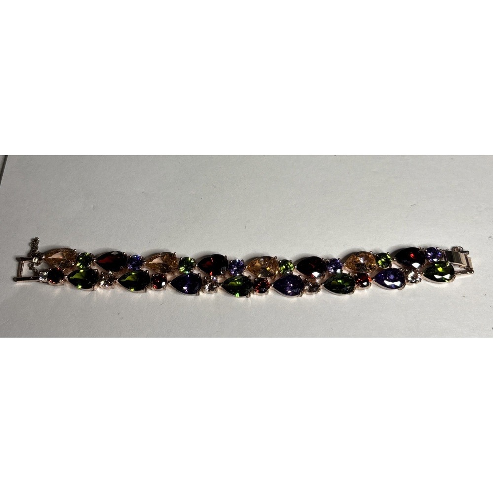 Multicolor Rhinestone Bracelet Gold Tone 6" Small Wrist Broken Safety Chain